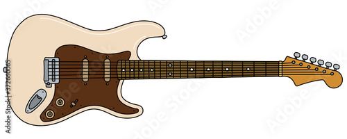 The vectorized hand drawing of a retro cream electric guitar