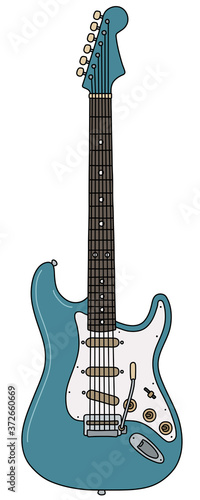 The vectorized hand drawing of a retro blue electric guitar