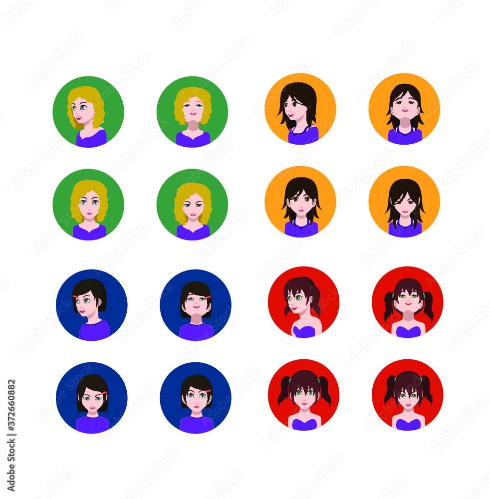 Set of people icons in flat style with faces. Vector women, men with color background Set of people icons in flat style with faces. Vector women, men with color background