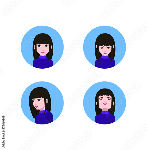 Set of people icons in flat style with faces. Vector women, men with color background