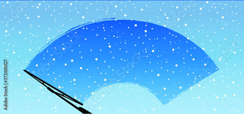 Car wiper clean the glass. Rain and snow on background. Wipers cleans the windshield. Fun vector sign.