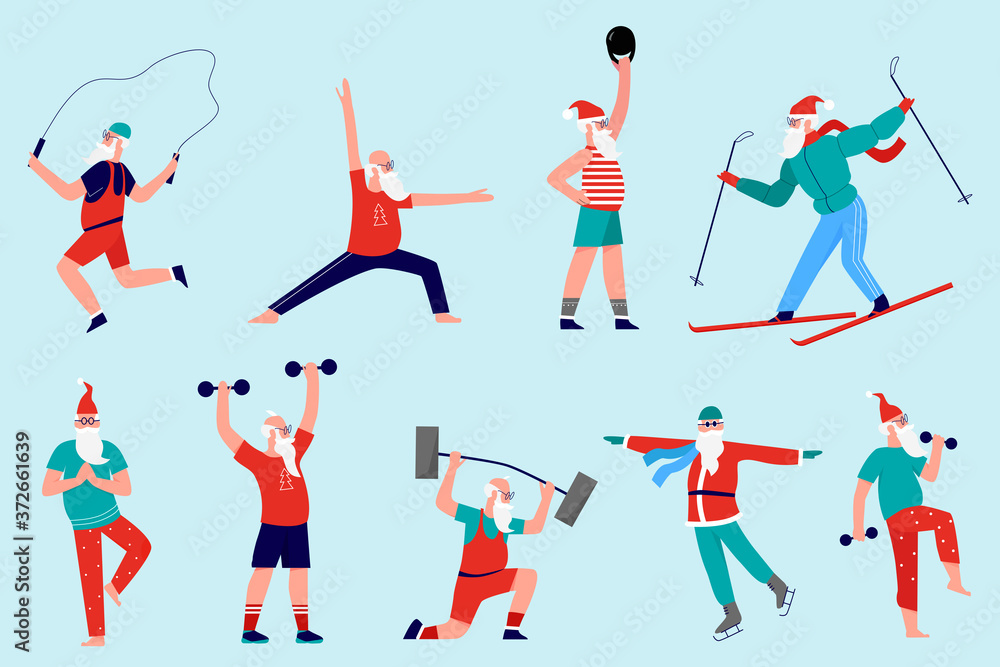 Santa in sport workout vector illustration. Cartoon flat Santa character doing gym exercises with dumbbells barbell, standing in yoga meditating pose, healthy activity, Christmas winter sport set Santa in sport workout vector illustration. Cartoon flat Santa character doing gym exercises with dumbbells barbell, standing in yoga meditating pose, healthy activity, Christmas winter sport set
