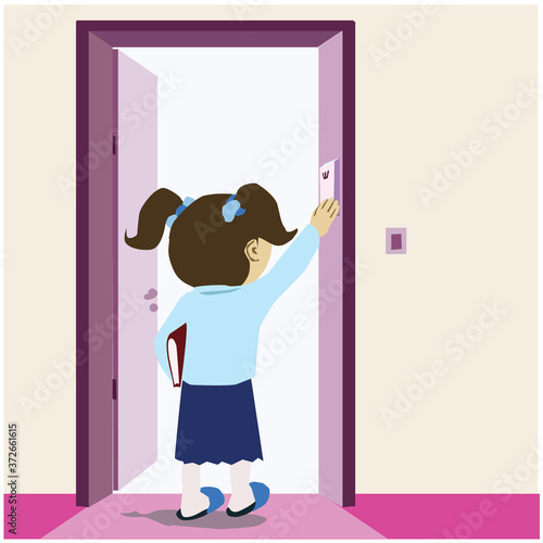 An Orthodox religious Jewish girl dressed in a school uniform. Kissing the mezuzah. A Jewish object hanging in the doorway of the house for guarding.
Vector drawing.