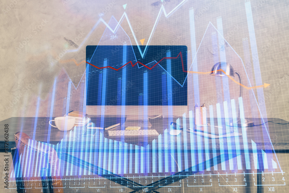 Double exposure of graph and financial info and work space with computer background. Concept of international online trading. Double exposure of graph and financial info and work space with computer background. Concept of international online trading.