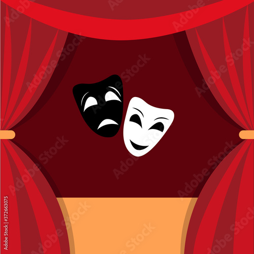 Happy and sad theater masks, Theatrical scene with red curtains and reflection. Stock vector illustration