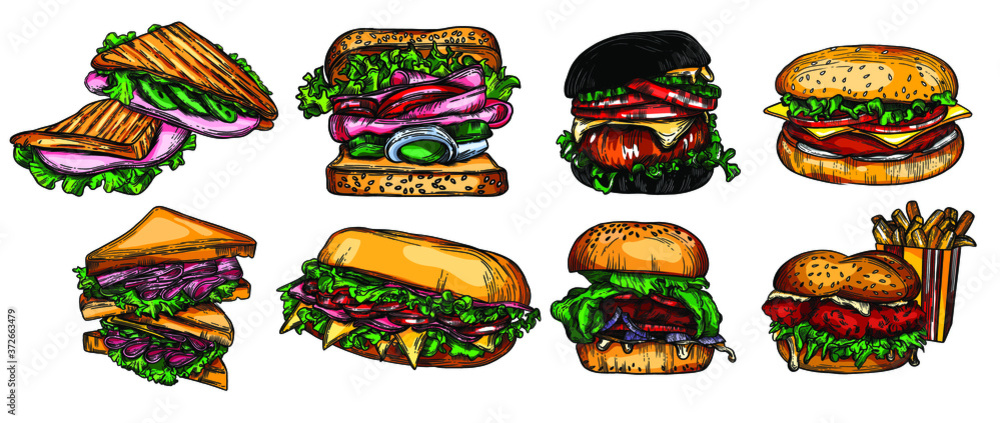 Vector fast food illustrations in the style of the sketch. Burgers, pizza, sandwiches, fries, burgers. High-quality detailed drawing of elements.