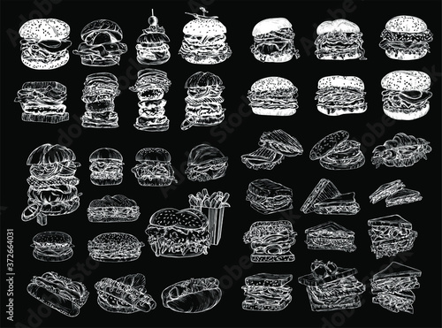 Vector fast food illustrations in the style of the sketch. Burgers, pizza, sandwiches, fries, burgers. High-quality detailed drawing of elements.