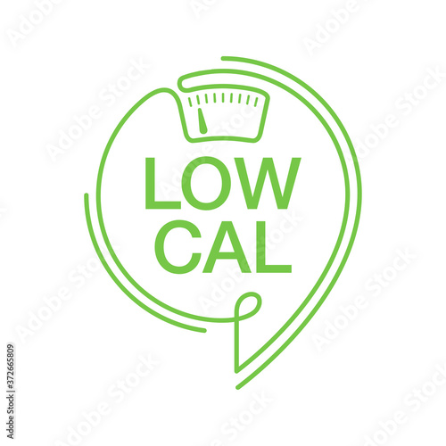 Low Cal stamp in thin line - combination of pin mark and weight scales - pictogram for dietary low-cal food products - isolated vector emblem