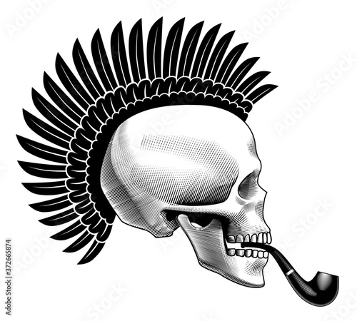 Human skull half face with smoking pipe and feathers in Mohawk hairstyle. Vector illustration