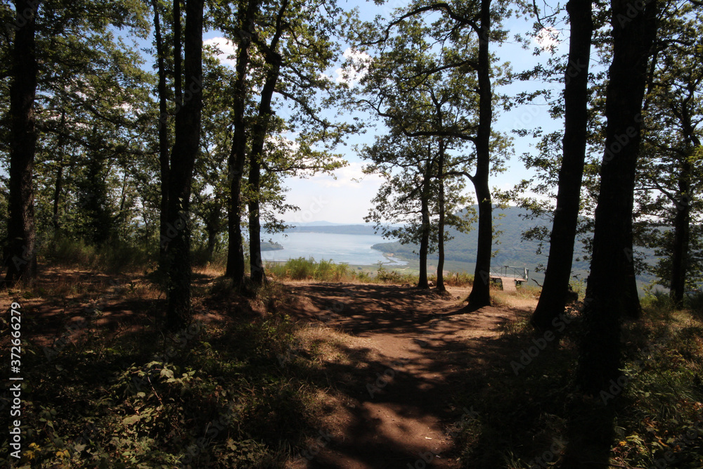 Obraz premium The pathway to the point view of Lake Vico, is surrounded by the Cimini Hills, in particular by the Fogliano and Venere mountains. It is part of the Lake Vico Natural Reserve.