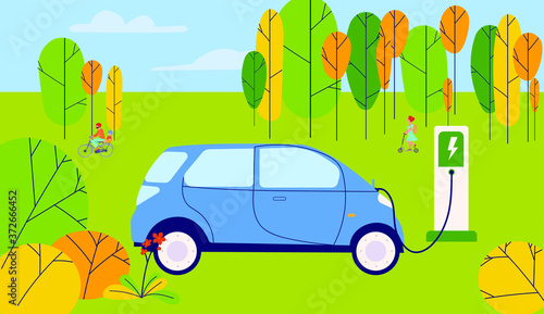 Concept illustration for clean air. Electric car charging outside at electric recharging point.