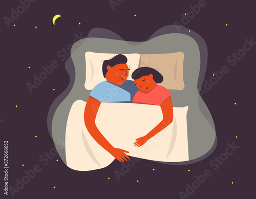 Adult couple cuddling under the blanket in bed at night. Sleeping together. Top view. Flat vector illustration. Template design elements for web, etc.