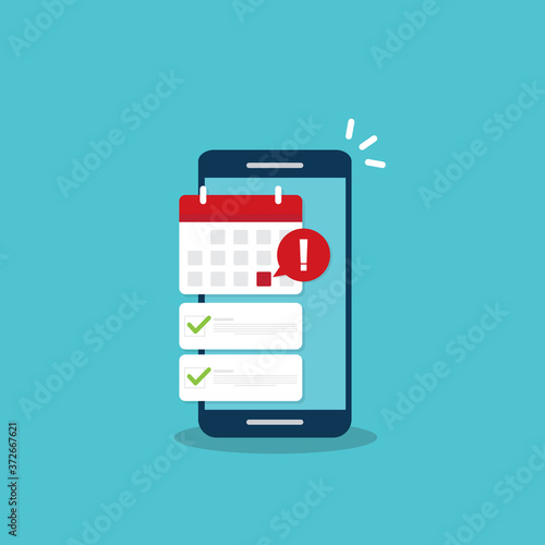 Mobile phone calendar with important deadline date and task list or smartphone with event appointment. Online scheduled agenda on cellphone. Flat cartoon vector illustration.