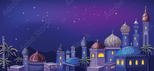 Starry sky. Magic night in the East. Fairytale Arabic landscape with traditional mud houses and ancient temple or Mosque. Muslim Cityscape.  Building Religion. Vector illustration. Cartoon background.