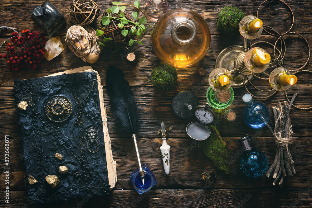 Spelltable Background Spell book, magic potions and other various witchcraft accessories on ...