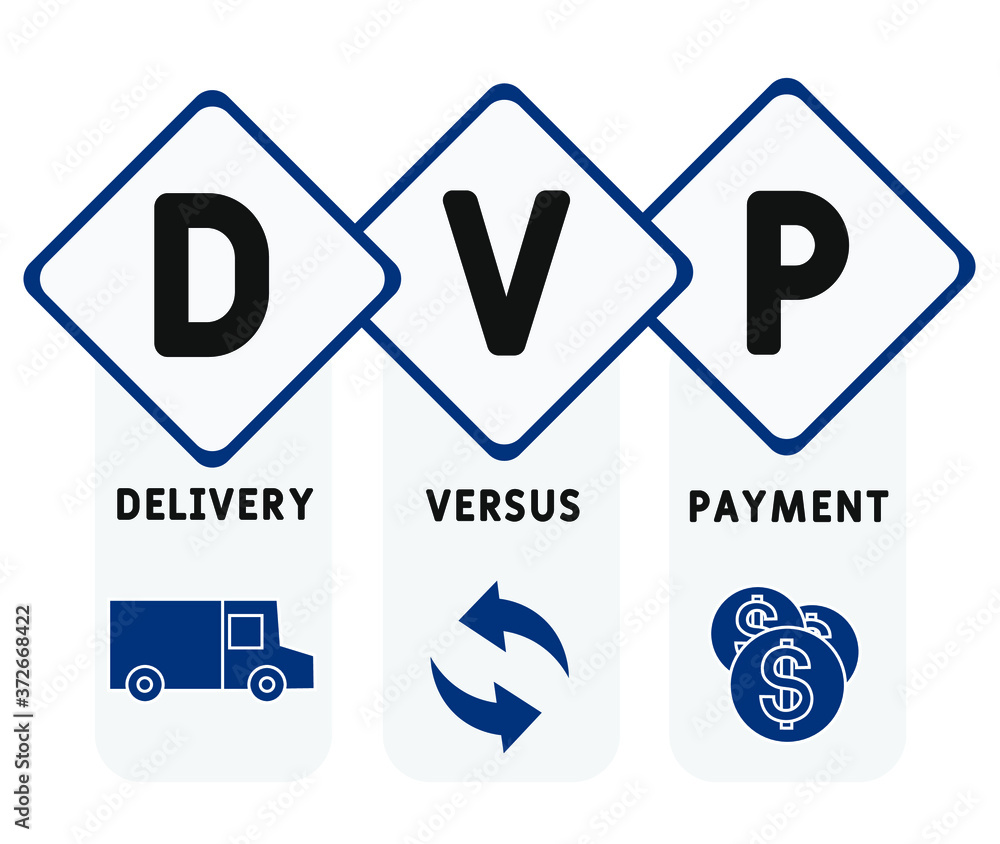 DVP - delivery versus payment. acronym business concept. vector illustration concept with keywords and icons. lettering illustration with icons for web banner, flyer, landing page, presentation DVP - delivery versus payment. acronym business concept. vector illustration concept with keywords and icons. lettering illustration with icons for web banner, flyer, landing page, presentation