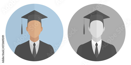 University graduate in mortarboard. Vector icon.