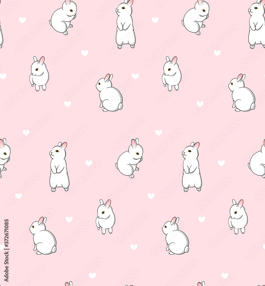 Pattern with cute bunnies and small hearts. White little rabbits on pink background illustration for textile design. - Vector