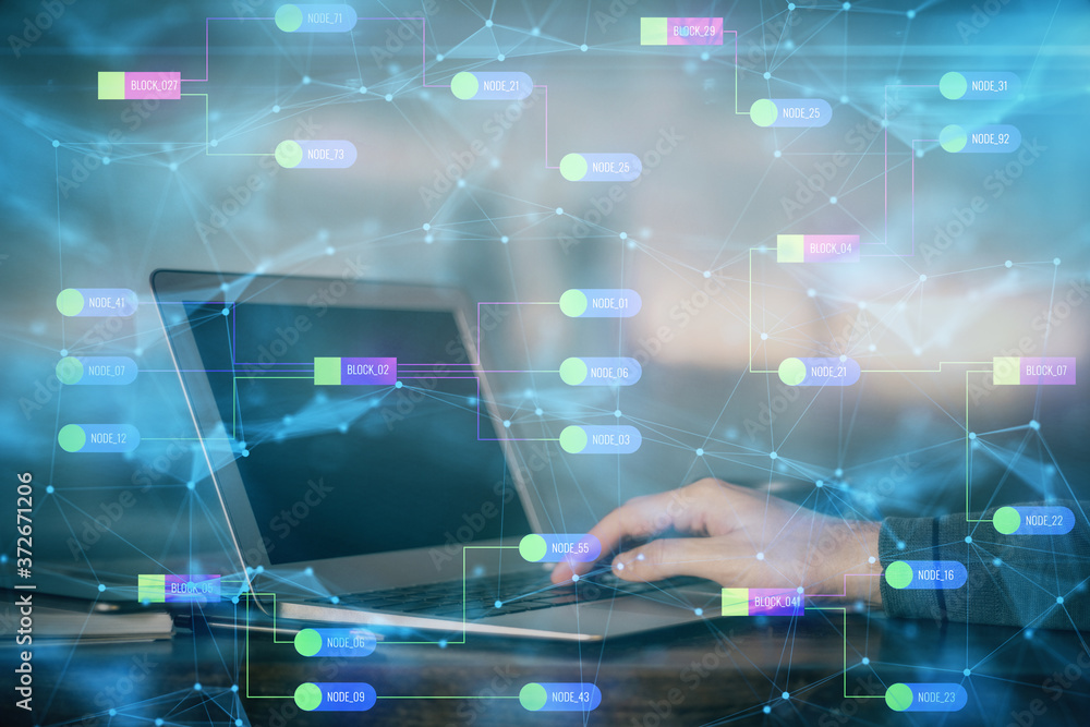 A man working on Laptop with technology theme drawing. Concept of big data. Double exposure. A man working on Laptop with technology theme drawing. Concept of big data. Double exposure.