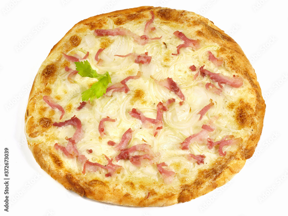 Traditional Tarte Flambee with Creme Fraiche, Onion and Bacon on white Background - Isolated