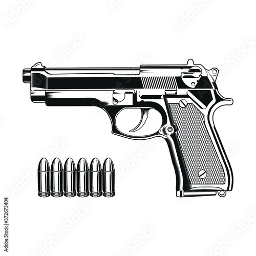 Pistol and bullets Black And White Isolated Vector  Gun Illustration Silhouette Image 