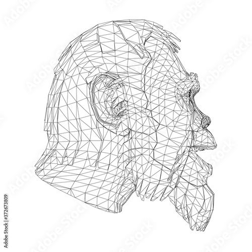 Wireframe low poly head of a Neanderthal. Wireframe head of a prehistoric man. Side view. 3D. Vector illustration