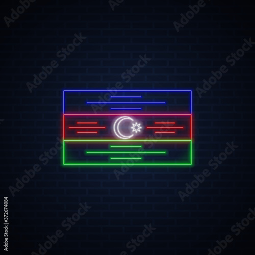 Azerbaijan flag neon sign. Night bright signboard Azerbaijan flag. Azerbaijan flag vector, neon symbol, light icon. Vector illustration on bricks background