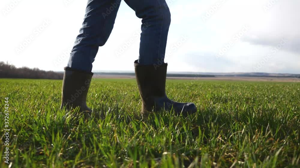 Walking a male farmer on a greenfield. The farmer's feet in boots Walking a male farmer on a greenfield. The farmer's feet in boots
