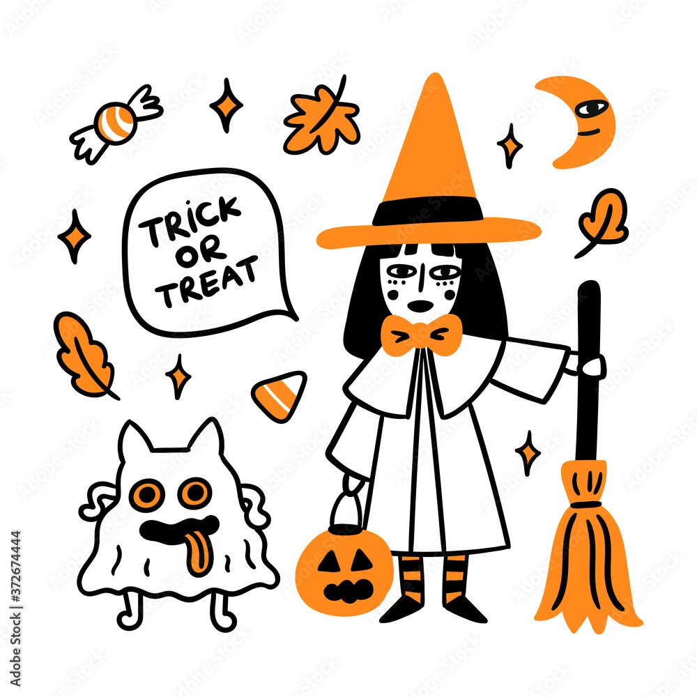 Spooky cartoon characters: Witch holding Jack-o'-lantern and a funny scary Ghost with cat ears. Trick or treat. Beautiful print for Halloween. Graphic vector illustration.