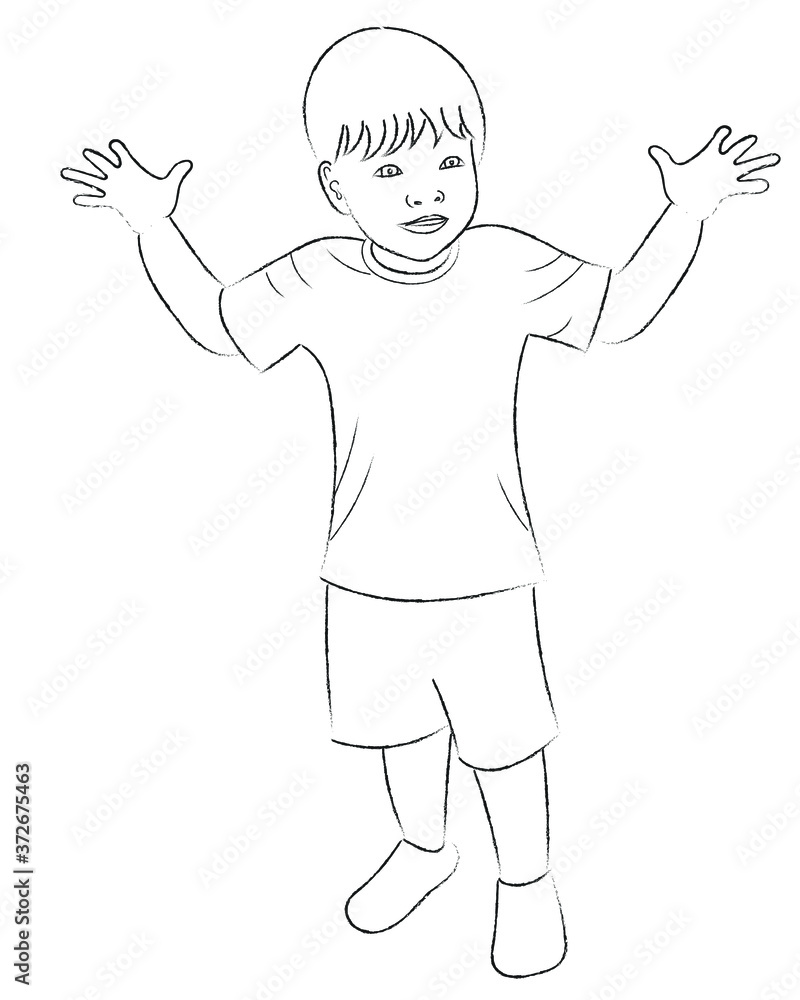 A sketch of a little boy who is standing with his hands up