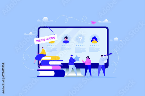 Hand drawn illustration of We are Hiring with modern people character. Usable for landing page, website and mobile template. Background technology concept. Vector illustration.
