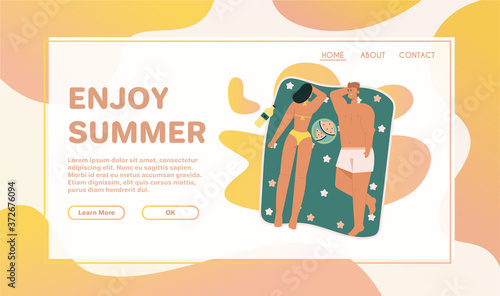 Happy people sunbathing on beach in top view seamless pattern