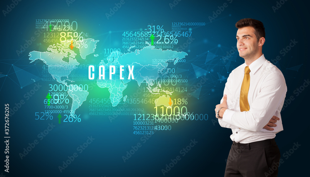 Businessman in front of a decision with CAPEX inscription, business concept Businessman in front of a decision with CAPEX inscription, business concept