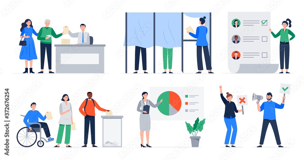 Set of illustrations with the election process. Election day, people voting and choosing the candidate, results of the voting, protesting, and dissenting people. Vector flat illustrations. Set of illustrations with the election process. Election day, people voting and choosing the candidate, results of the voting, protesting, and dissenting people. Vector flat illustrations.