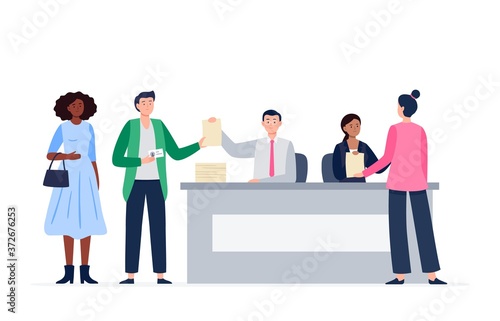 People at the polling station. A man and a woman take voting forms. Voting and election concept. Vector flat illustration for the landing page, banner, ad. 