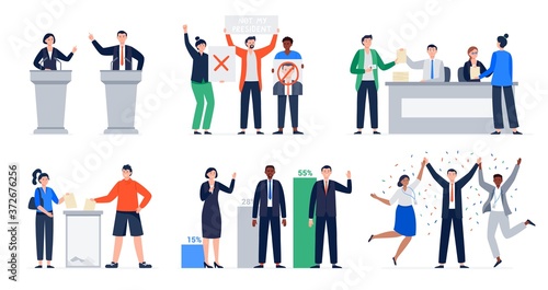 Set of voting and election concepts. Debate candidates, protesting people, pre-election campaign, election day, results of the voting, the winner with his team.  Vector flat illustrations.