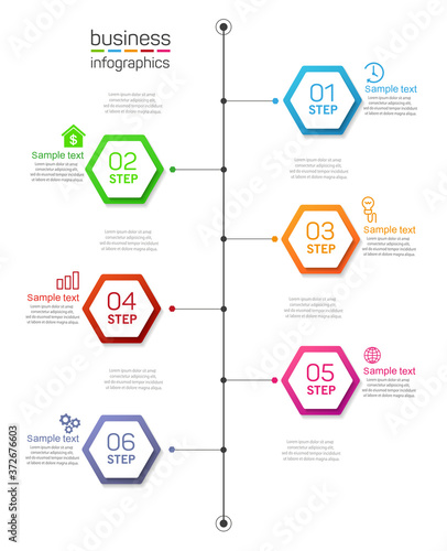 Timeline infographics design vector template with 6 options, steps or processes