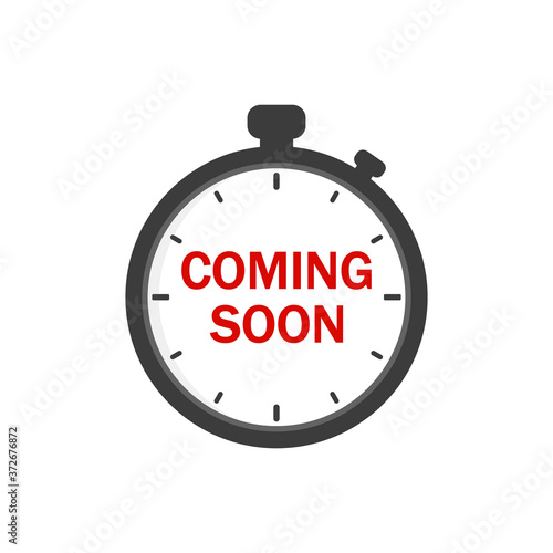 Coming soon sign icon. Promotion announcement symbol. Graphic design element. Flat coming soon symbol on the round button. Vector