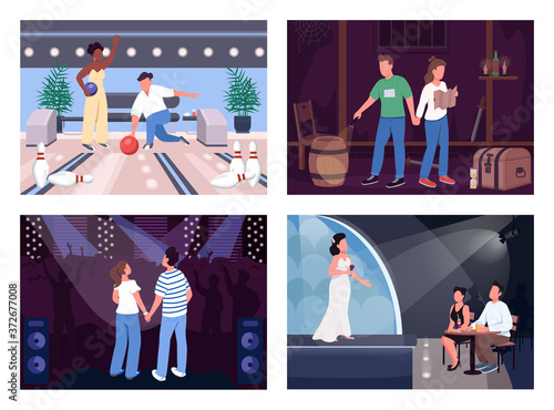 Fun evening dates flat color vector illustration set. Together on concert. Escape room quest. Weekend entertainment for two. Couple 2D cartoon characters with interior on background collection