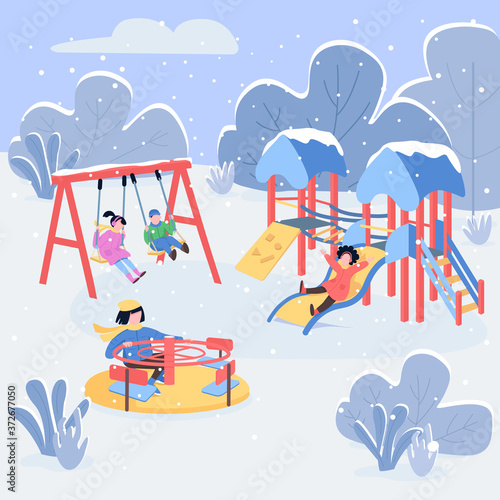 Winter playground flat color vector illustration. Children playing outdoors. Preschoolers on swing and slide. Winter garden and recreation 2D cartoon characters with forest on background