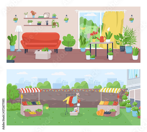 Gardening and farming flat color vector illustration set. Living room with potted and hanging houseplants. Farmer market. Urban garden 2D cartoon landscape with plants on background collection