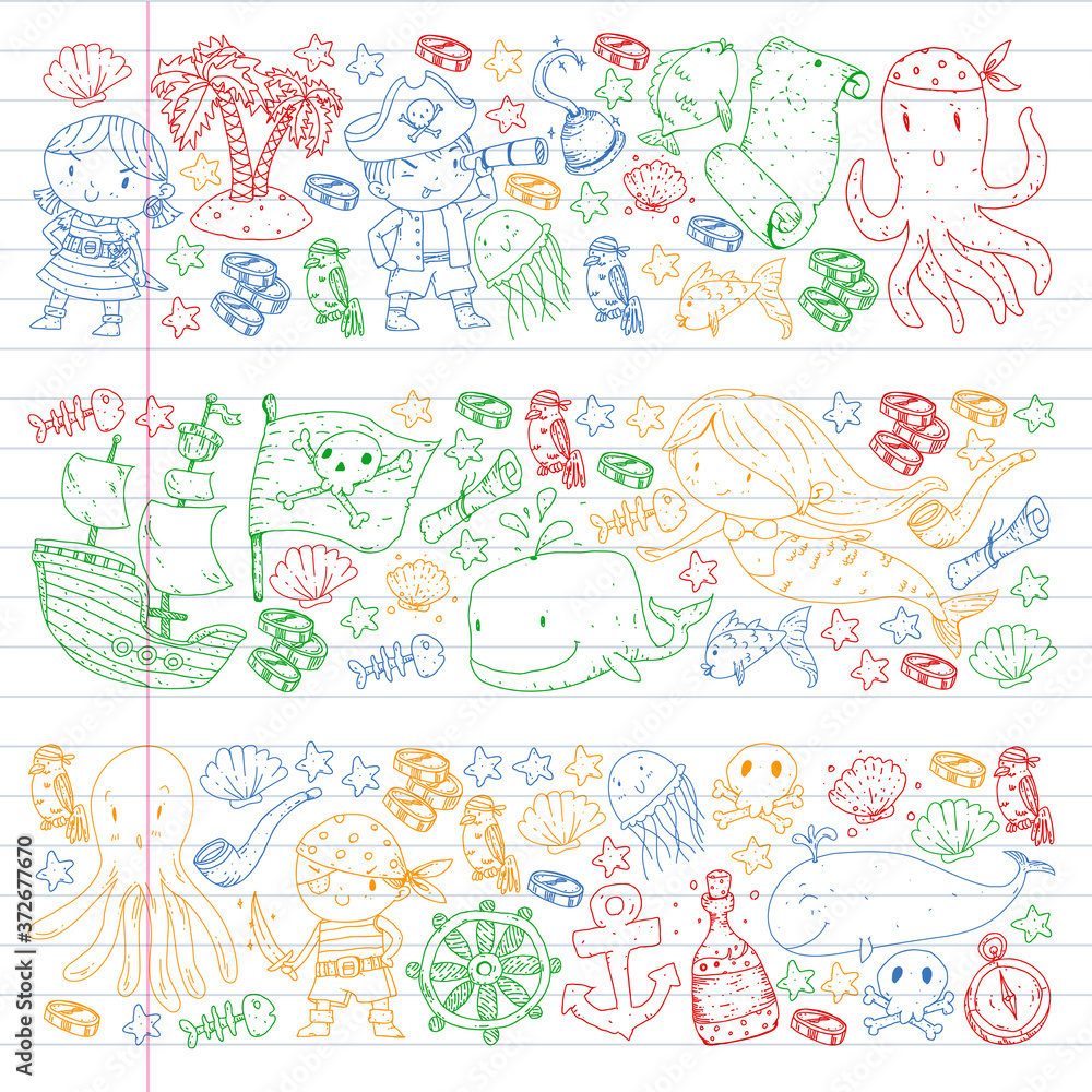 Vector pirate set in cartoon style. Sweet card with pirates, ship, whale, crab, octopus, mermaid, rum, anchor, treasure, fish, island and parrot. Vector pirate set in cartoon style. Sweet card with pirates, ship, whale, crab, octopus, mermaid, rum, anchor, treasure, fish, island and parrot.