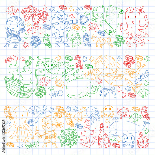 Vector pirate set in cartoon style. Sweet card with pirates, ship, whale, crab, octopus, mermaid, rum, anchor, treasure, fish, island and parrot.