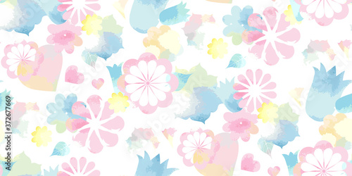 Vector Seamless watercolor abstract floral pattern in soft pastel colors. Pink blue yellow flowers on white background. Cute endless texture for kids design, decor, wallpaper, wrapper or fabrics. 