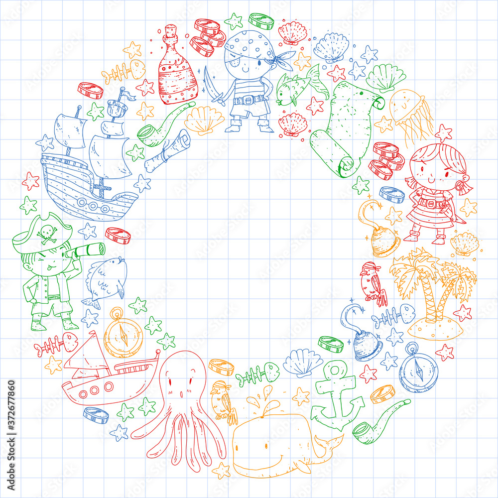 Vector pirate set in cartoon style. Sweet card with pirates, ship, whale, crab, octopus, mermaid, rum, anchor, treasure, fish, island and parrot. Vector pirate set in cartoon style. Sweet card with pirates, ship, whale, crab, octopus, mermaid, rum, anchor, treasure, fish, island and parrot.