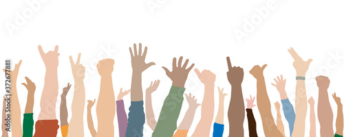 Human hands up of crowd. Vector illustration.