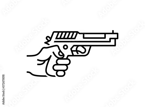 Hand holding pistol, vector linear icon.
