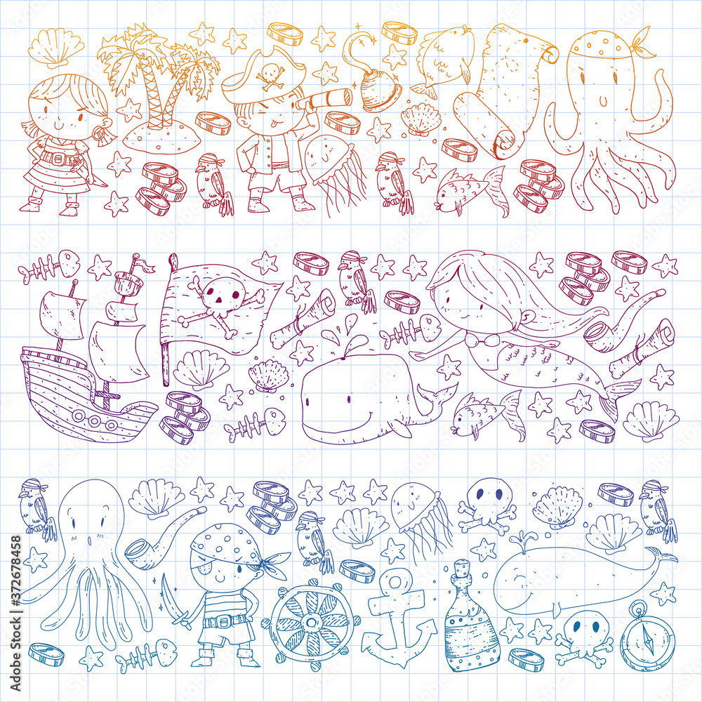 Vector pirate set in cartoon style. Sweet card with pirates, ship, whale, crab, octopus, mermaid, rum, anchor, treasure, fish, island and parrot. Vector pirate set in cartoon style. Sweet card with pirates, ship, whale, crab, octopus, mermaid, rum, anchor, treasure, fish, island and parrot.