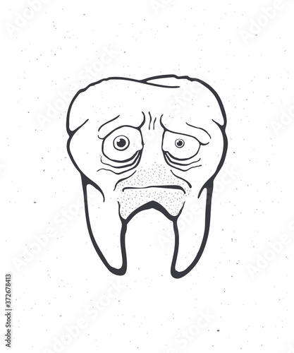 Old unhealthy sad human tooth with caries, tired eyes and bristles. Outline. Vector illustration. Symbol of somatology and oral hygiene. Hand drawn sketch. Isolated white background