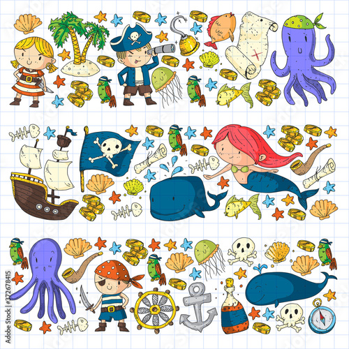 Vector pirate set in cartoon style. Sweet card with pirates, ship, whale, crab, octopus, mermaid, rum, anchor, treasure, fish, island and parrot.